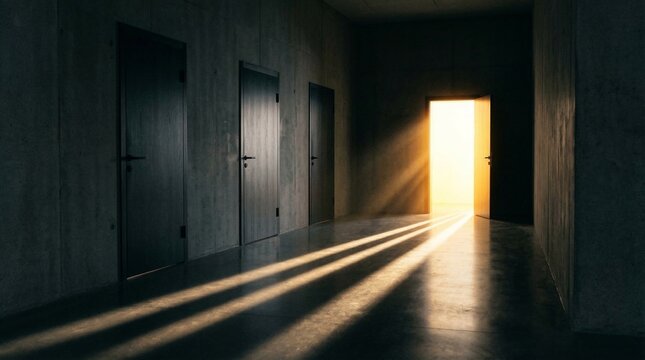Open door with bright light and shadows in dark hallway, hope and opportunity concept