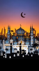 Fototapeta premium Mosque at sunset with crescent moon.