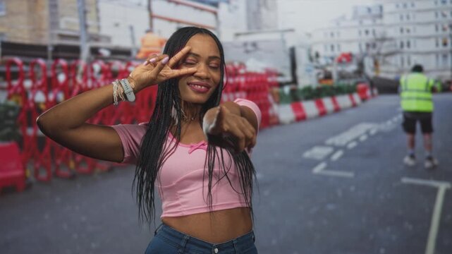 Woman pointing finger and making peace sign with bare midriff on a busy street with construction barriers and traffic cones; playful confidence.