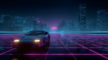 Fototapeta premium Retro sports car driving along a glowing digital highway, neon grid landscape stretching to the horizon, futuristic city skyline in the background, cinematic night atmosphere, reflective metallic