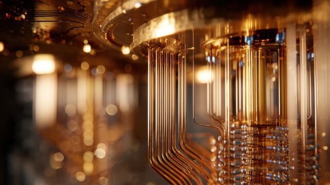 Vertical wiring column inside dilution refrigerator dense wires connecting staged plates reflective gold surfaces suspended connectors precise cryogenic assembly research infrastructure nextgen
