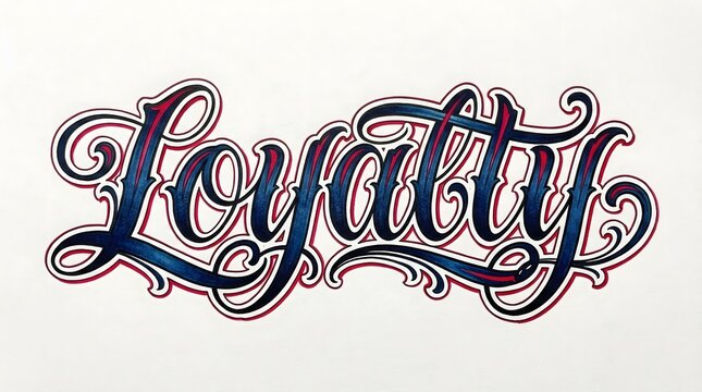 Stylized script lettering of the word 'Loyalty' with dark blue fill and red outline on a white background, custom typography art.