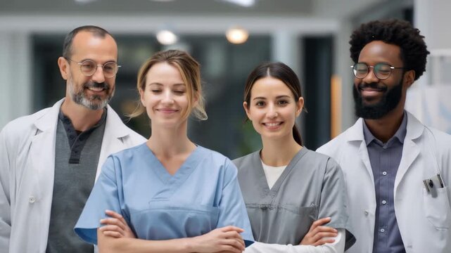 Happy hospital support team of doctors and nurses working together to provide excellent care during a busy day filled with compassion and teamwork