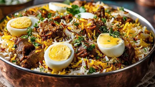 Traditional biryani served in a metallic bowl with boiled egg and meat. Delicious asian rice dish for dinner. Authentic culinary preparation for food concept.