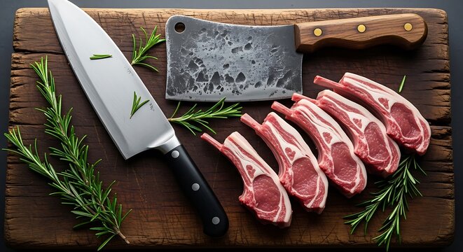 Fresh raw lamb chops arranged on a wooden cutting board with a sharp chef knife a meat cleaver and green rosemary sprigs illustration