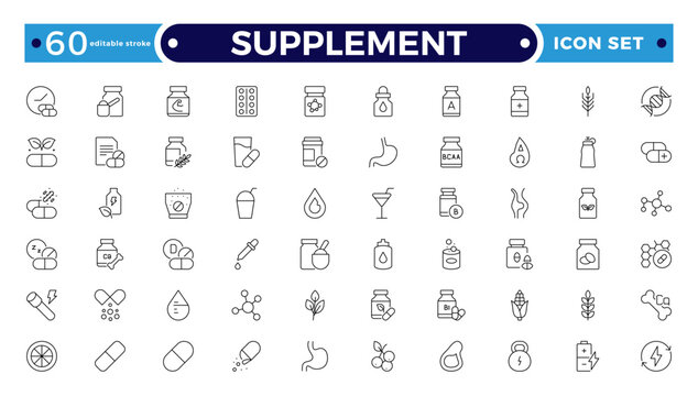 Supplement outline icon set. Containing vitamin, nutritional Supplements, capsules, protein, minerals, herbal, probiotics, antioxidants, and more. Editable stroke outline icon.
