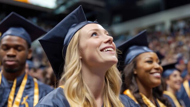 Graduation ceremony with students celebrating their achievements in caps and gowns at a university auditorium during the annual commencement event
