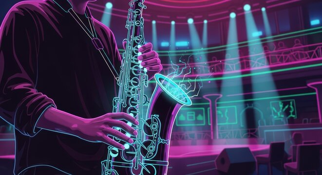 Musician Playing Neon Saxophone on Stage with Vibrant Lights