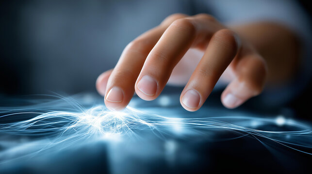 Close-up of a hand interacting with an abstract glowing digital interface, human-computer interaction, cutting-edge technology concept, with copy space