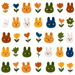 Fototapeta premium Set of Cute Cartoon Bunnies and Flowers on a light color background