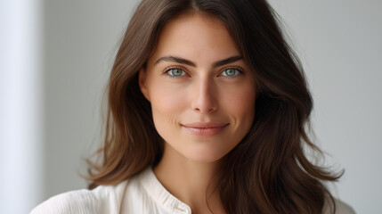 Naklejka premium Close-up of a woman's face split between realistic features and a digital deepfake representation, artificial intelligence and authenticity contrast concept, with copy space