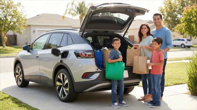Happy family unpacking grocery bags from electric car trunk. Caucasian mother, father and two children returning home with shopping bags. Daily life activity task.
