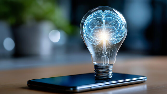 Brain power AI concept with a lightbulb on a phone screen, futuristic technology, innovation and idea generation, neural network data concept, with copy space