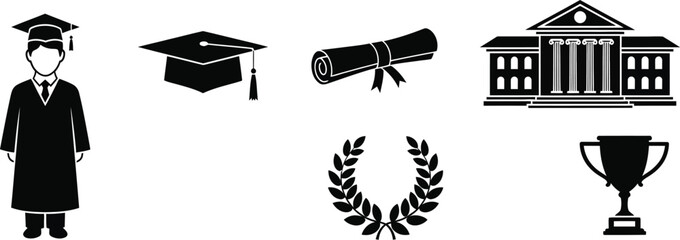 Fototapeta premium Education milestone success graduation, academic achievement with a graduate, a mortarboard cap, a diploma, a university building, a laurel wreath, and a trophy. 