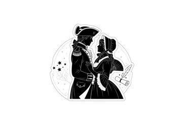 Obraz premium Colonial American 1776 Couple Silhouette, Revolutionary War History Vector Sticker, Founding Era Patriot Romance Illustration