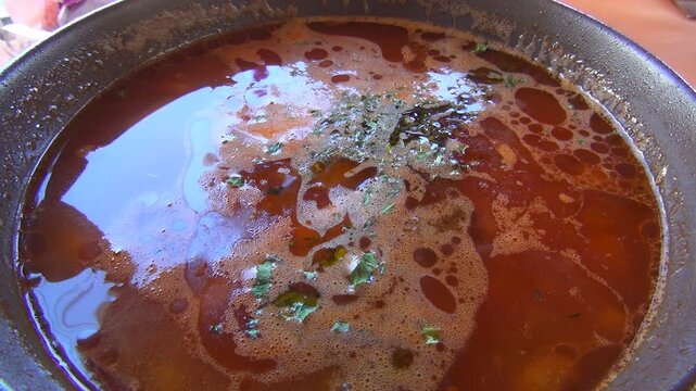 Soup Bowl in Restaurant, Adding Cream in Calf Borsch, Hot Food for Eating