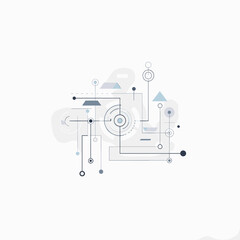 Abstract geometric network of lines, circles, and triangles in shades of blue and gray on a white background, representing data flow or connections. © Alfiyah