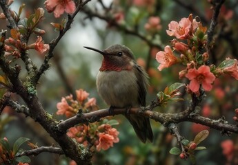Fototapeta premium ruby-throated hummingbird perched on a blooming branch in springtime garden.