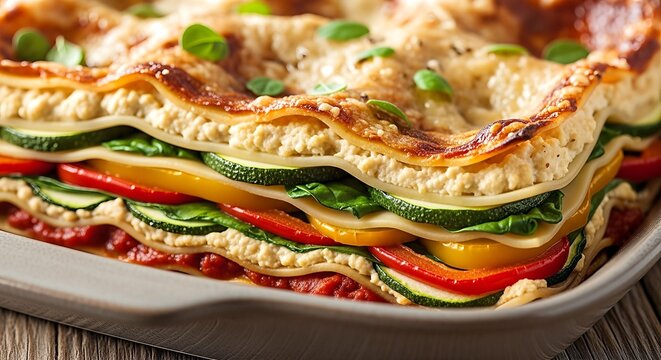 Delicious Vegetarian Lasagna with Layers of Fresh Vegetables and Ricotta Cheese.