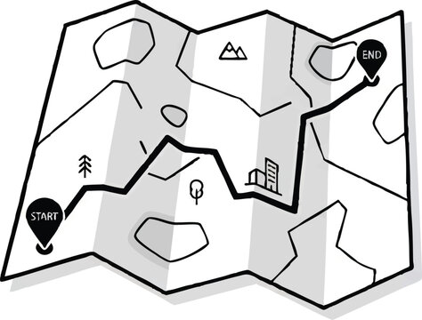 Folded Map with Start and End Pins Showing a Winding Route.