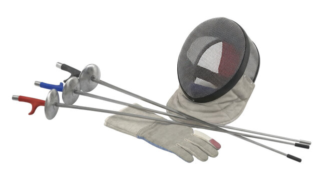 Fencing Equipment Including Mask Gloves and Three Swords On White Background