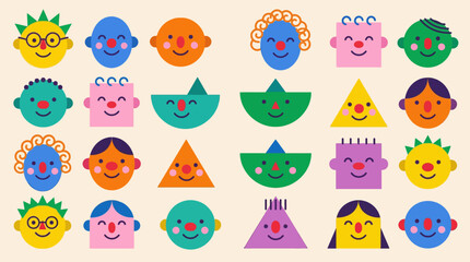 Obraz premium Colorful cartoon faces with shapes.