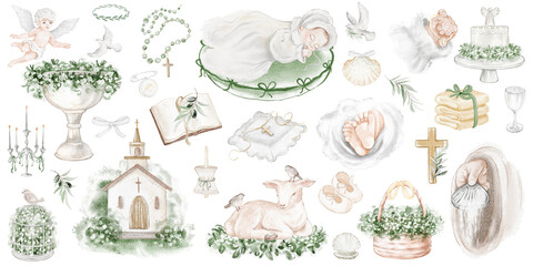 Obraz premium Baptism watercolor set baby, cross, lamb, candle, angel. Christening symbols eucalyptus wreath, olive branch, chalice, dove, shell. For invitations, cards first communion Easter church events