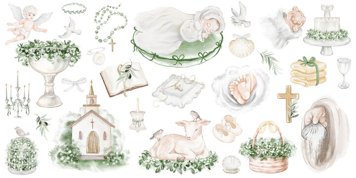 Baptism watercolor set baby, cross, lamb, candle, angel. Christening symbols eucalyptus wreath, olive branch, chalice, dove, shell. For invitations, cards first communion Easter church events