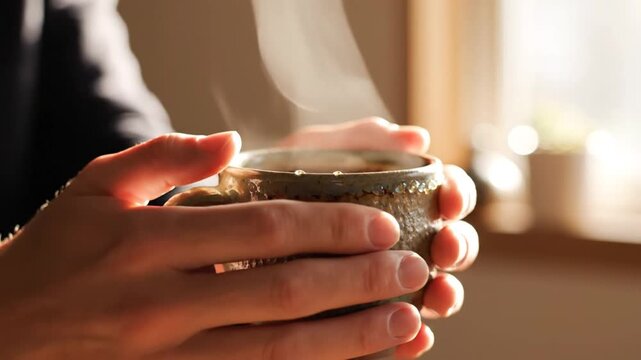 Hands holding steaming ceramic mug with warm morning light