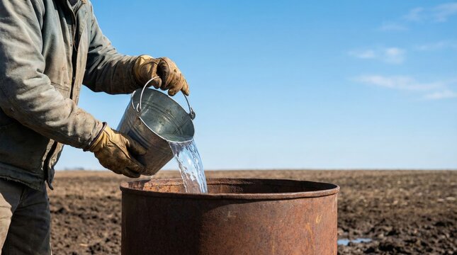 Farmer in work coat and gloves, pouring fresh drinking water from a metal bucket into a rusty barrel on a vast, tilled field under a clear blue sky, ensuring hydration for animals