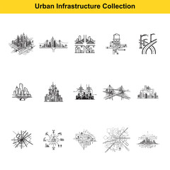 Fototapeta premium A set of detailed line drawings showcases different perspectives of urban infrastructure, including city skylines, bridges, road networks, and essential public utility structures.