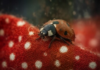 Obraz premium ladybug crawling on a red and white polka dot knit fabric.