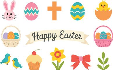 Fototapeta premium Happy Easter vector icon collection with bunny, eggs, cross, baskets, chick, birds, and spring floral elements