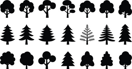 Tree silhouettes, deciduous trees, coniferous trees, forest icons, nature illustration, environmental design, botanical art, landscape element, organic structure, diversity © MdAriful