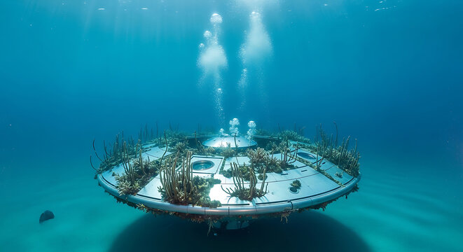 futuristic ufo-like underwater habitat thriving with coral releasing bubbles into the clear blue ocean symbolizing marine innovation.