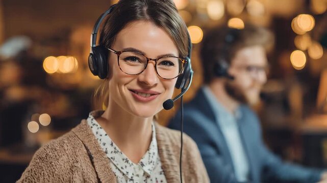 Customer support agent assists clients while wearing a headset in a busy call center during evening hours