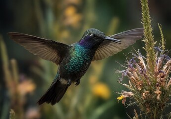 Fototapeta premium iridescent hummingbird in flight feeding on purple and yellow wildflowers.