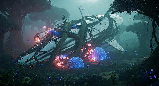 overgrown crashed spaceship in a mysterious bioluminescent alien jungle surrounded by glowing flora illustrating cosmic exploration.