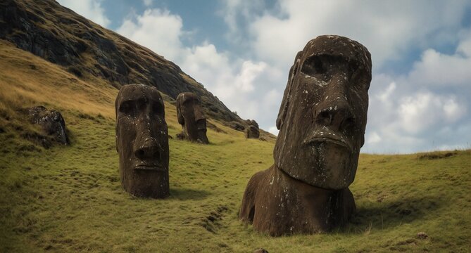 easter island moai statues on lush green hillside under cloudy sky