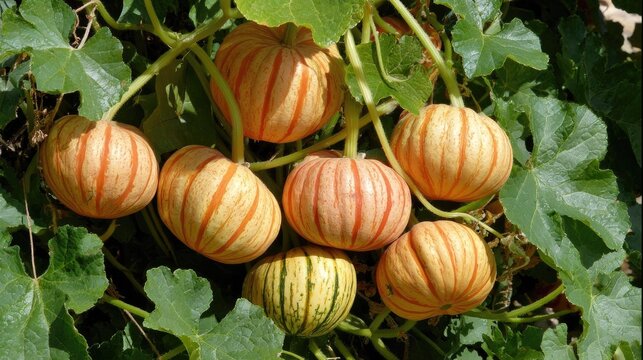 Several small striped gourds ripen on a vine surrounded by lush green foliage