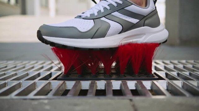 White and grey sneakers stepping on red bristles on a metal grate shoes footwear