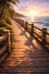 Obraz premium A semi-realistic 3D scene of a coastal boardwalk with wooden planks, railings, and ocean waves visible beyond the edge. With weathered wood grain, rope details, and reflective water highlights