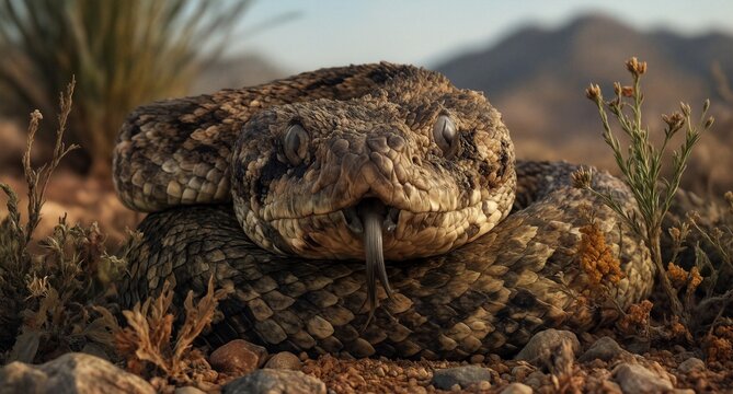western diamondback rattlesnake flicking tongue in arid desert habitat, wildlife portrait.