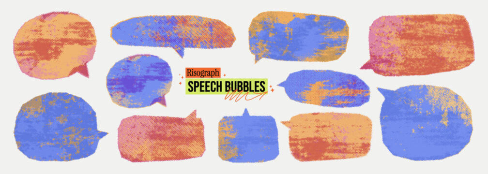 Colorful neon risograph speech bubble background set. Vintage street style halftone overlay shapes with scratch dotted texture. Punk distressed bg with place for text. Urban ink riso print effect.