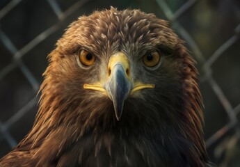 Naklejka premium intense golden eagle portrait with piercing gaze and detailed feather texture.
