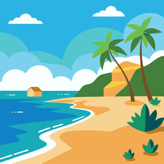 Obraz premium Flat vector illustration of a tropical beach with a small wooden hut on water, palm trees, lush hills, and a sandy shore.