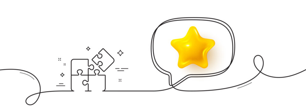 Puzzle line icon. Continuous line with 3d star. Engineering strategy sign. 3d star in speech bubble. Puzzle single line ribbon. Loop curve pattern. Vector