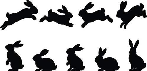 Black rabbit silhouettes set with jumping and sitting bunnies, easter hare icons, forest animal vector © Billal