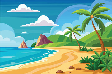 Fototapeta premium Flat vector illustration of a tropical beach with lush green hills, rocky cliffs, palm trees, and a clear blue ocean.