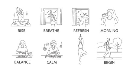 Fototapeta premium Set of 8 yoga icons vector, line art illustrations